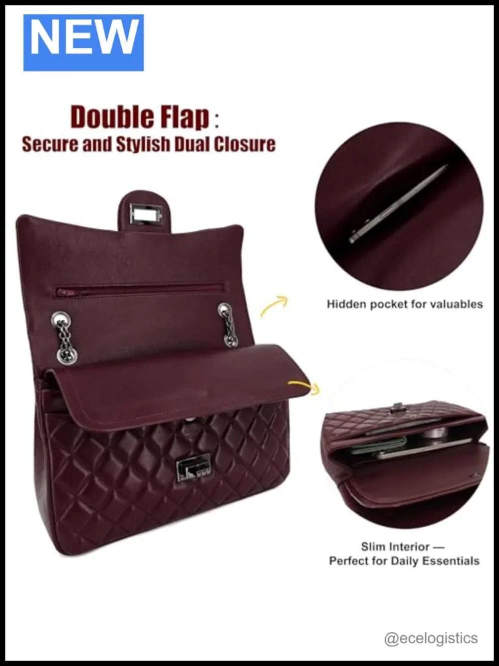 Lambskin Leather Quilted Double Flap Shoulder Bag with Chain Strap, Satchel